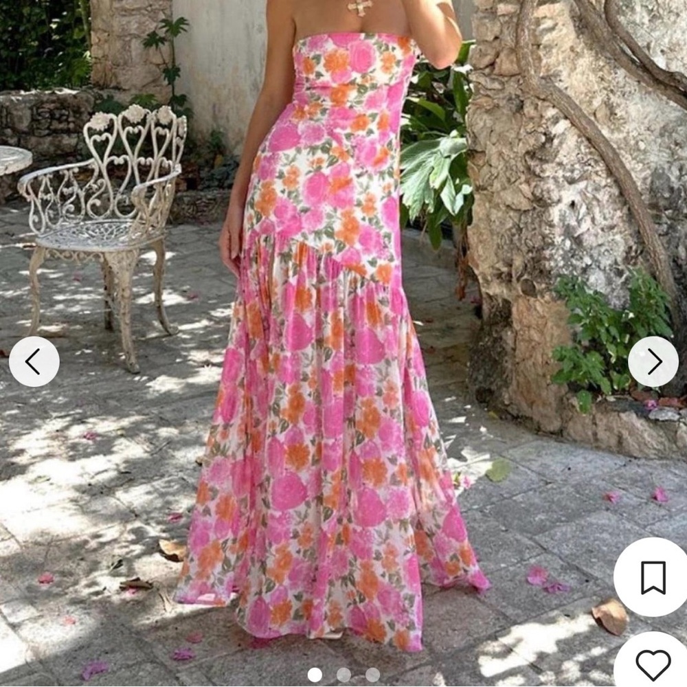 12th Tribe Strapless Floral Maxi Dress in Pink and Orange